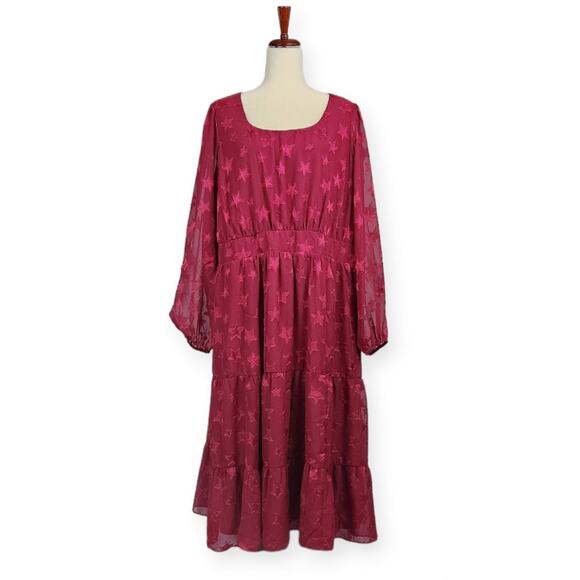 Torrid Midi Clip Dot Chiffon Tiered Dress Beaujolais Burgundy Plus Size 2X New - Picture 1 of 14